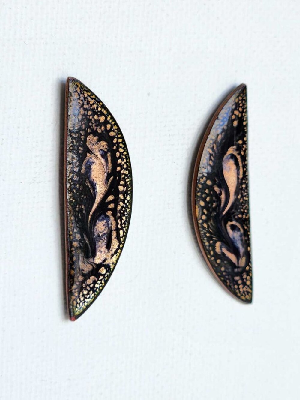 Black and gold half-circle iridescent glass earrings